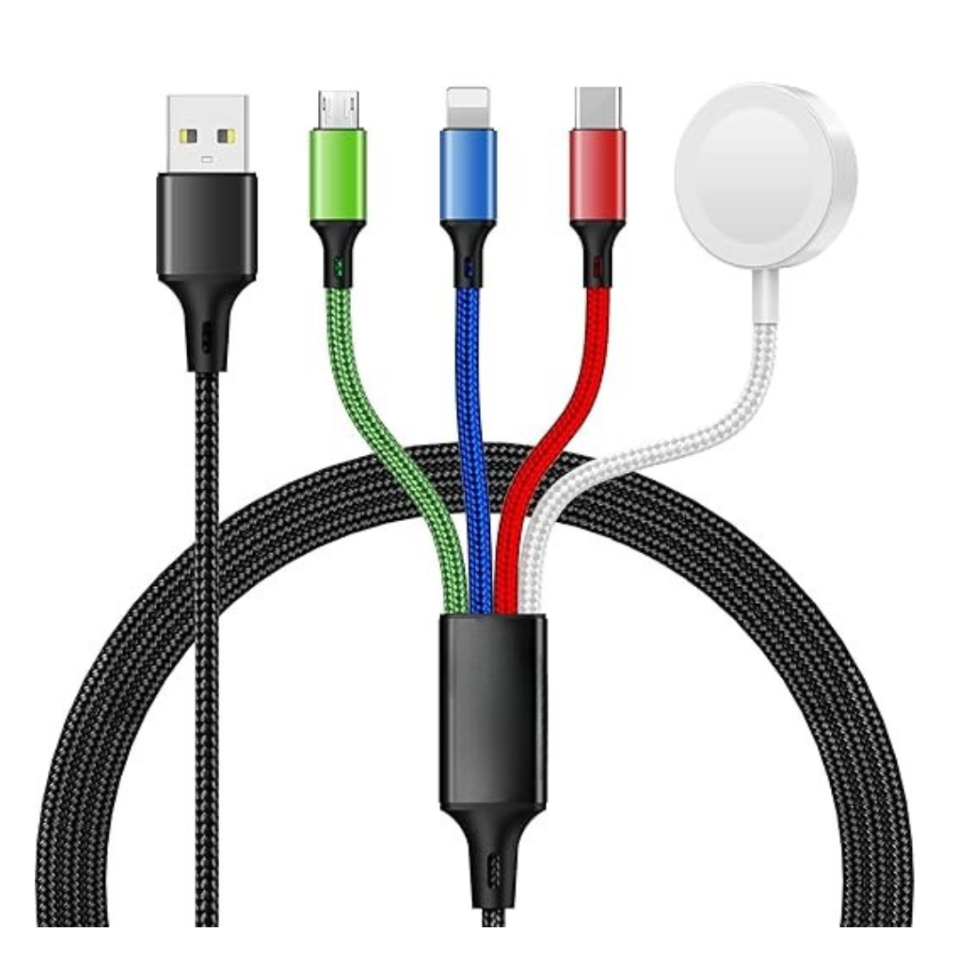 Upgraded 4-in-1 Multi Charging Cable, 3.5A, 4ft Braided Cable/USB-C/Micro, Supports Magnetic Wireless iWatch Charging for Ultra/SE/9-1, iPhone 15/14/13, Galaxy, and More.